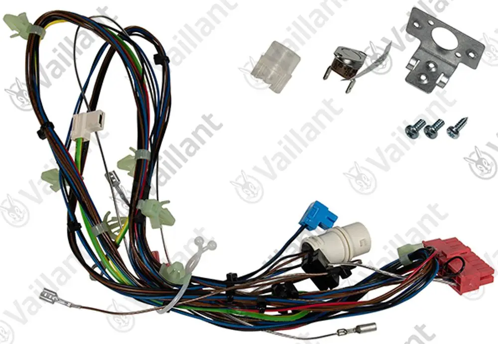 Vaillant Kabelbaum mit Sensor, bestehend aus mehreren elektrischen Leitungen und Steckverbindern, inklusive Zubehörteilen wie Halterungen und Schrauben.